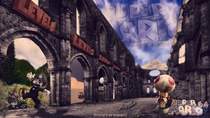 Mario enters a painting while Toad looks forlorn.